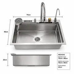 D DECOR MI CASA - Lavadero de Cocina 75x46 cm Acero Inoxidable 304 con Grifo Cascada, Caño Extraíble