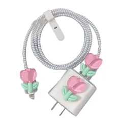 GENERICO - CASE PROTECTOR TULIPAN ROSA PARA CARGADOR IPHONE