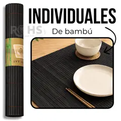 OEM - Set 6 Individuales Rectangulares De Bambú Negro 42x30 cm Enrollables Para Mesa Comedor