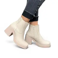 GENERICO - Botin Mujer Punta Cuadrada Avaricia Taco 7 1022-65 Color Hueso