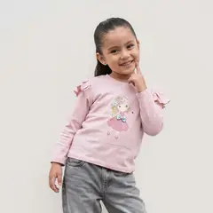GENERICO - Polo Niña Algodón Rosa Volantes y Estampado - Angela Kids