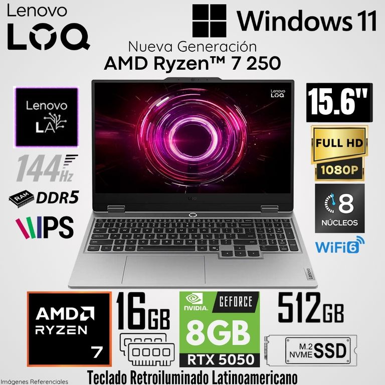 Laptop LOQ 15AHP10 AMD Ryzen 7 250 16GB RAM 512GB SSD RTX 5050-8GB 15.6" FHD 144Hz