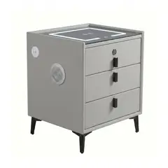DECOKASA - Mesa de Noche Smart Carga Inalámbrica, Parlante Bluetooth, Seguridad Biométrica y Luces LED - Gris