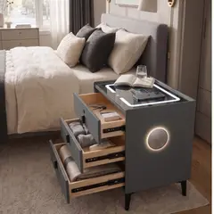 DECOKASA - Mesa de Noche Smart Carga Inalámbrica, Parlante Bluetooth, Seguridad Biométrica y Luces LED - Plomo