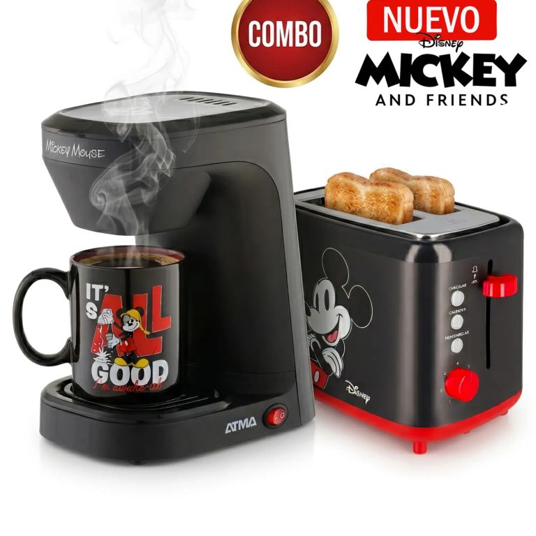 Combo Cafetera Eléctrica Disney Con Taza De Mickey +Tostadora Eléctrica 880W