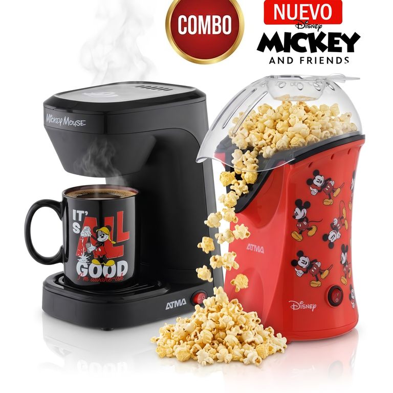Combo Atma Cafetera Eléctrica Disney Con Taza De Mickey +Pop Corn Maker Canchita Sin Aceite