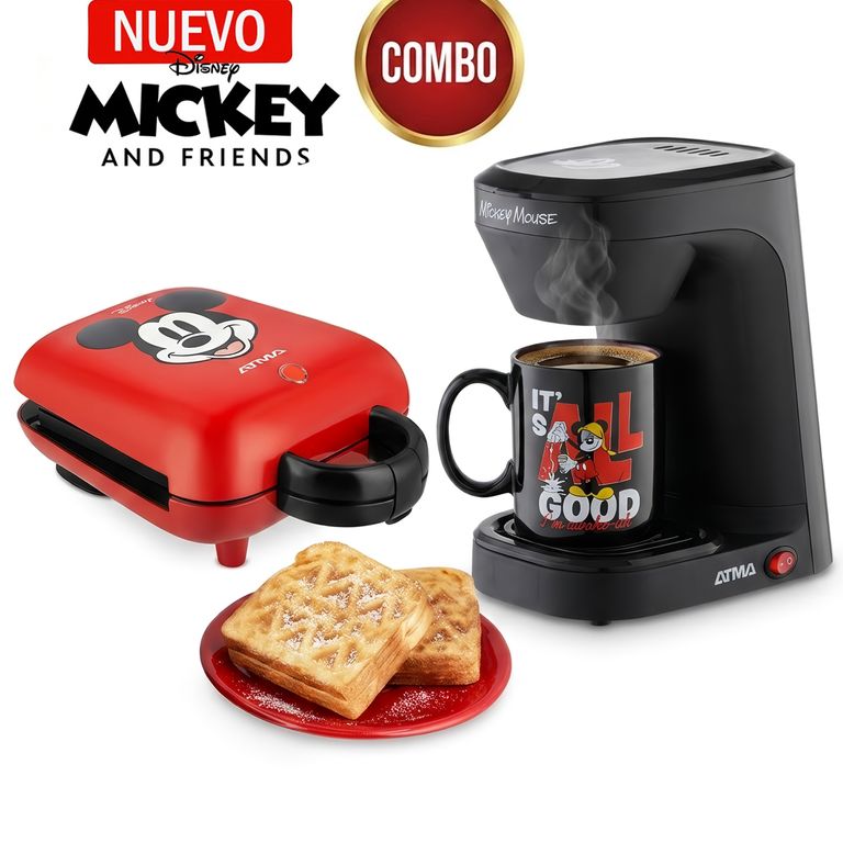 Combo Cafetera Eléctrica Disney Con Taza De Mickey +Waflera Sandwichera