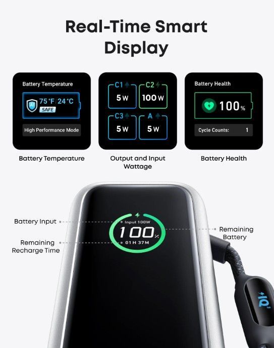 Power Bank 25K, 165W, Built-In USB-C and Retractable Cable silver