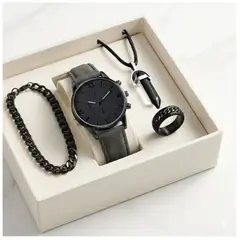 GENERICO - 4 piezas de reloj de cuarzo y pulsera con collar y anillo para hombre