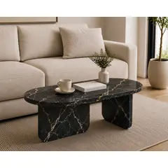 GENERICO - Mesa De Centro Mamba Mármol Negro - Boleado Melamina - Mármol Marquina - Nórdico