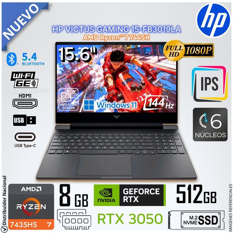 Laptop Gamer Victus 15-FB3019LA 15.6" FHD AMD Ryzen™ 7 7445H GeForce RTX™ 3050 8GB DDR5 512GB SSD