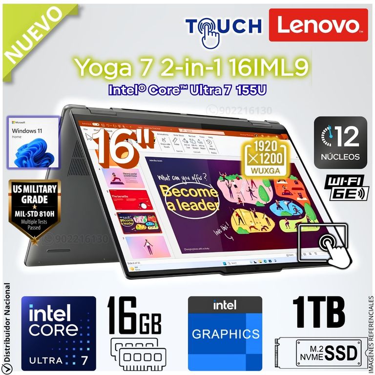 Laptop Yoga 7 Dos en Uno de 16" Intel® Core™ Ultra 7 155U 16GB RAM-LPDDR5X 1 TB SSD 16IML9 - 83DL0002US
