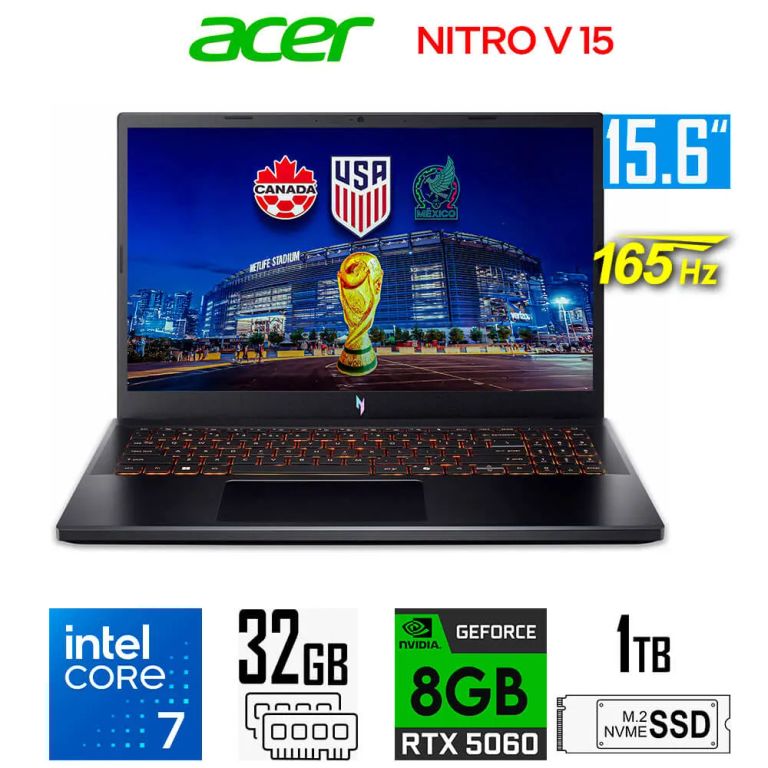 Laptop Nitro V 15 ANV15 Core 7-240h Nvidia 8gb RTX5060 Ram 32gb 1tb Ssd 15.6″ fhd 165Hz