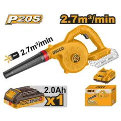 INGCO TOOLS - SOPLADORA INALÁMBRICA INGCO 20V 2.7 M³/MIN + BATERÍA 2.0AH + CARGADOR CABLI20781
