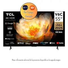 TCL - Televisor 55 Pulgadas 4K HDR Google TV Smart TV HVA Panel 55V6C + Promoción (Nuevo Modelo)