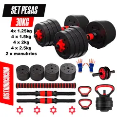HOLGU - Set 30Kg Convertible de Barra a Rusa + Rueda AB + Guantes gratis