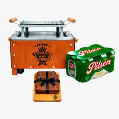GENERICO - Six pack pilsen 473ml + caja china acero inoxidable 3kg + tabla + Mandil Cuerina