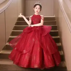 ARELYS - Vestido Niña Princesa con Pedrería Rojo Vino Talla 14