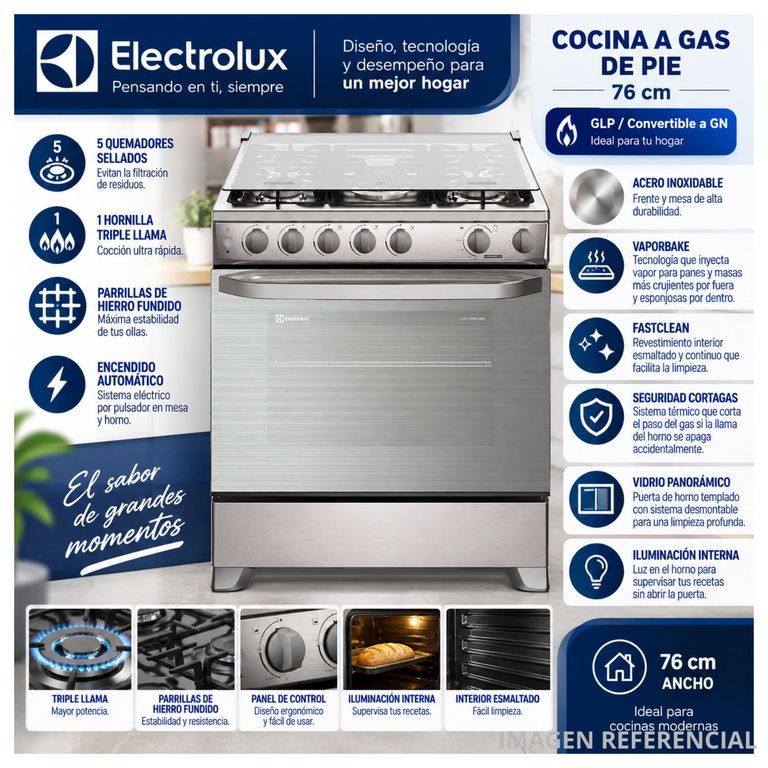 Cocina a Gas FE5LMR 5 Hornillas Triple Llama VaporBake 76cm Inoxidable