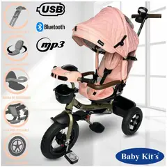 Baby Kits - Triciclo Guiador Reclinable y Giratorio USB Bluetooth Fort Premiun Rosado