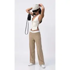 GENERICO - Pantalón Palazo de Pana Acanalada para Mujer - Color Beige con Pretina Blanca Coqueta