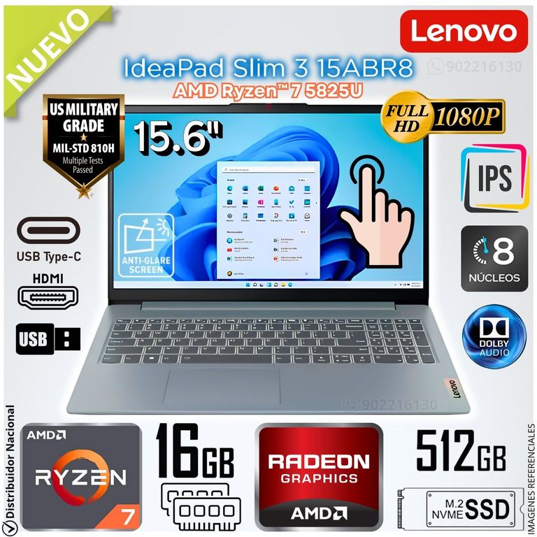 Laptop IDEAPAD SLIM 3 15ABR8 15.6" FHD TACTIL Ryzen™ 7 5825U 16GB RAM 512GB SSD - 82XM00LMUS