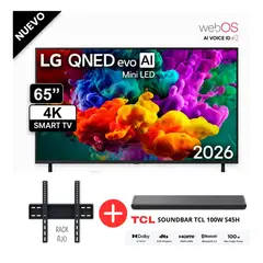 LG - Televisor 65 Pulgadas QNED Mini Led WebOS 65QNED65BSA + SOUNDBAR TCL 100W S45H + RACK FIJO