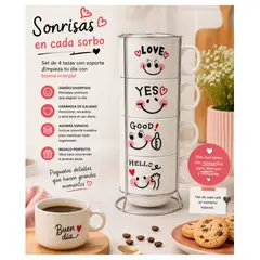GENERICO - Set de 4 tazas de cerámica con soporte coffee