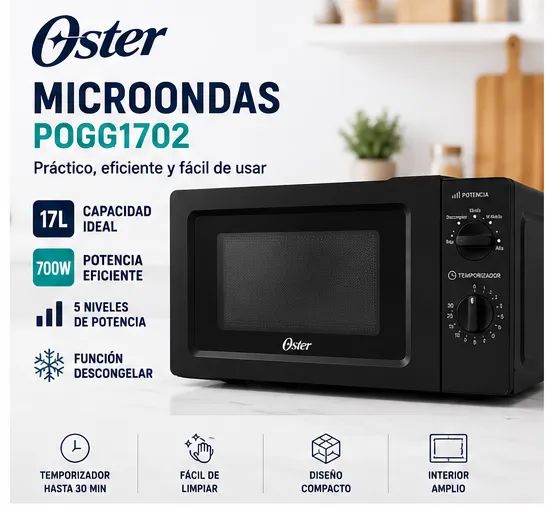 Microondas 17 Litros POGG1702 Negro 700W 5 Niveles de Potencia Función Descongelar