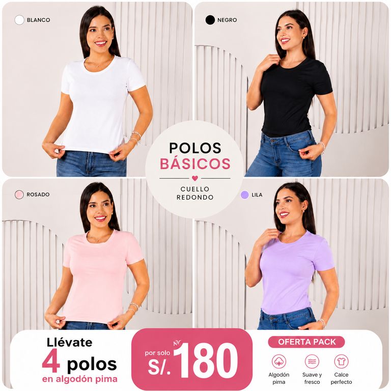 PACK X 4 POLOS BÁSICOS MUJER ALGODÓN PIMA - BRILLARHAS