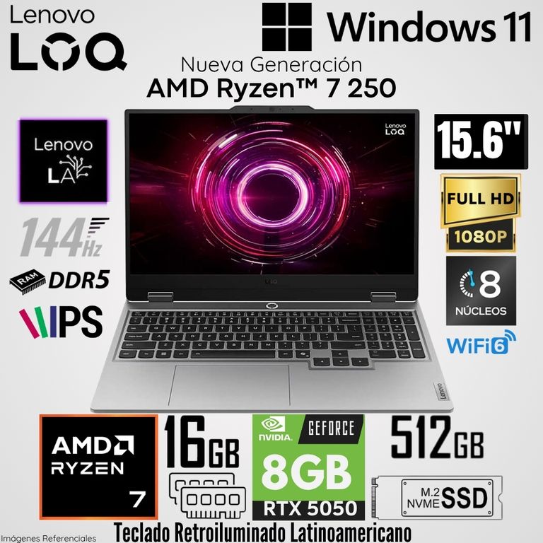Laptop LOQ 15AHP10 AMD Ryzen 7 250 16GB RAM 512GB SSD RTX 5050-8GB 15.6" FHD 144HZ
