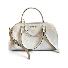 GUESS - CARTERA SATCHEL MONOGRAM BLANCO CON BEIGE CON CRAMS PLATEADO