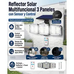 GENERICO - Lampara Reflector para Exteriores Triple Cabezal Panel Solar Sensor de Movimiento