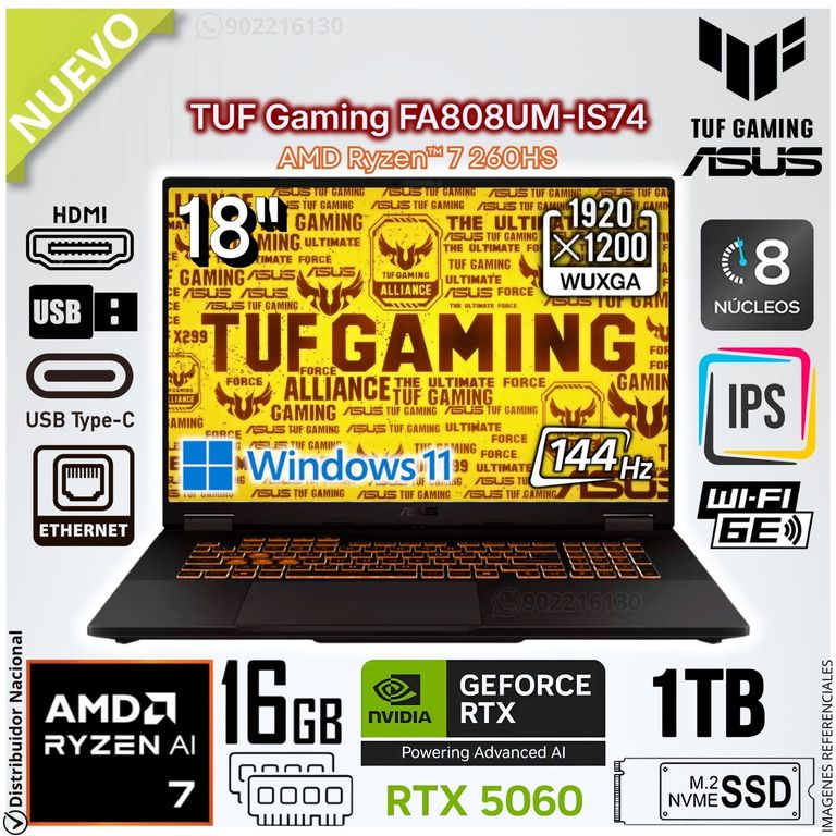 Laptop Gamer TUF GAMING A18 18" WUXGA AMD Ryzen™ 7 260HS RTX™ 5060 16GB RAM 1TB SSD - FA808UM-IS74