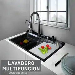 FRATELLI - Lavadero Multifuncional Negro con Mezcladora y Accesorios Integrados