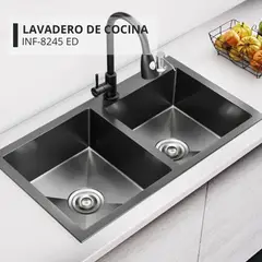 FRATELLI - Lavadero Doble Poza Compacto Negro con Canastilla y Desagüe
