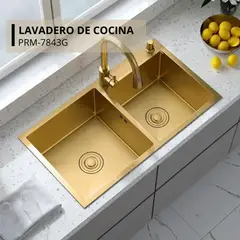FRATELLI - Lavadero Doble Poza Dorado Premium con Escurridor y Accesorios