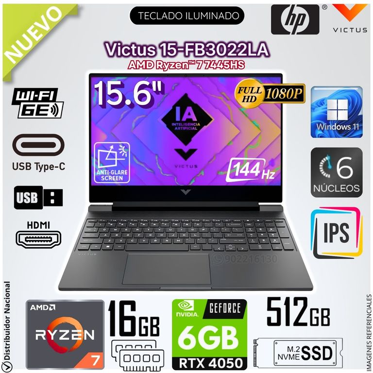 Laptop Gamer Victus 15-FB3022LA AMD Ryzen 7 7445HS 16GB RAM 512GB SSD RTX 4050-6GB 15.6" FHD 144Hz