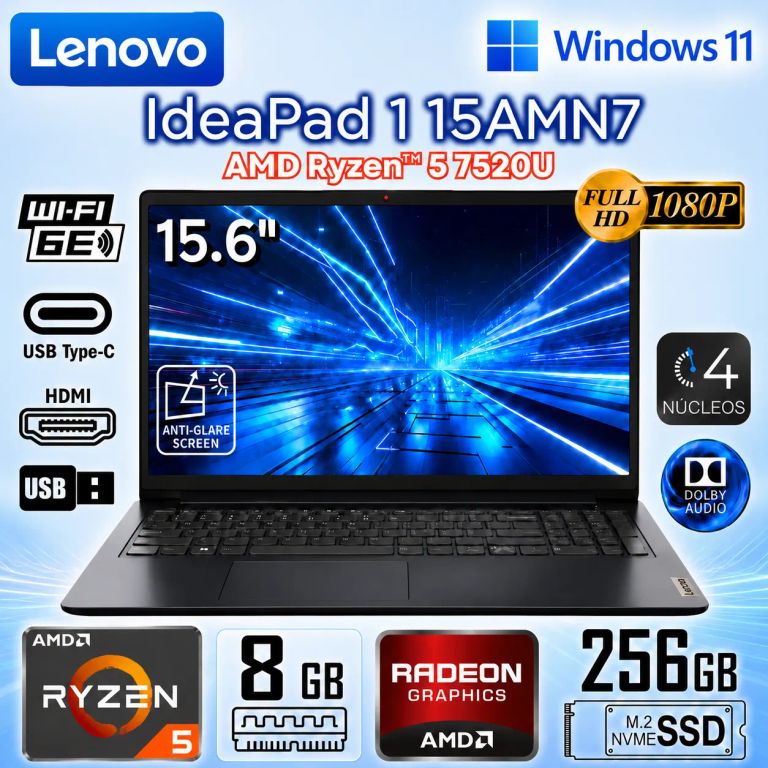 Laptop Ideapad 1 15AMN7 AMD Ryzen 5-7520U 8GB RAM 256GB SSD 15.6" FHD - 82VG00WXUS