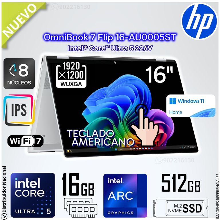 Laptop 2 en 1 Omnibook 7 Flip 16" 2K Intel® Core™ Ultra 5 226V Intel® Arc™ Graphics 16 GB RAM 512GB SSD 16-AU0005ST