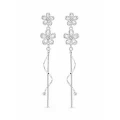 GENERICO - Aretes Largos Mujer Flor con Circonias Plateado Elegantes Fiesta