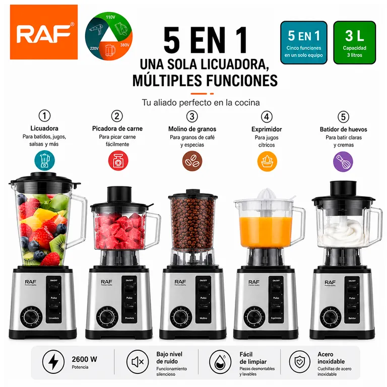 Licuadora Multifuncional 5 En 1 RAF 2600W 3L Con Picadora y Molino