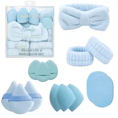 OEM - Set De Maquillaje Y Skincare Celeste Con Vincha Fluffy Muñequeras Y Esponjas Faciales