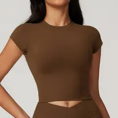 TIOZONEY - Camiseta deportiva de manga corta para mujer-Café