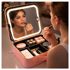 GENERICO - Neceser Organizador De Maquillaje con Espejo Luz Led Portátil Rosado