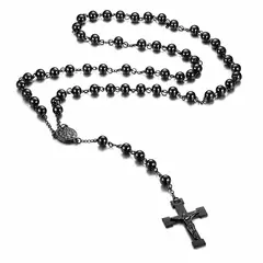 GENERICO - Rosario Negro Elegante con Cruz y Cuentas Brillantes hombre 10 mm
