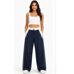 ENKI - Pantalón Deportivo Bicolor Wide Leg Mujer Azul Navy