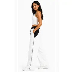 ENKI - Pantalón Deportivo Mujer Blanco Bicolor Tela Nova Wide Leg Pierna Ancha Cintura Elástica Urbano