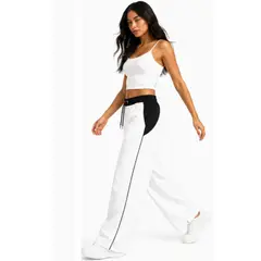 ENKI - Pantalón Deportivo Mujer Blanco Bicolor Tela Nova Wide Leg Cintura Elástica Casual Athleisure
