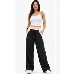 ENKI - Pantalón Deportivo Wide Leg Mujer Negro Bicolor Tela Nova
